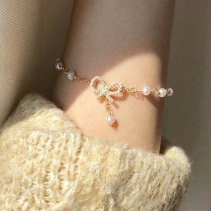 NEW Yellow Gold Diamond Bow Knot Pearl Bracelet